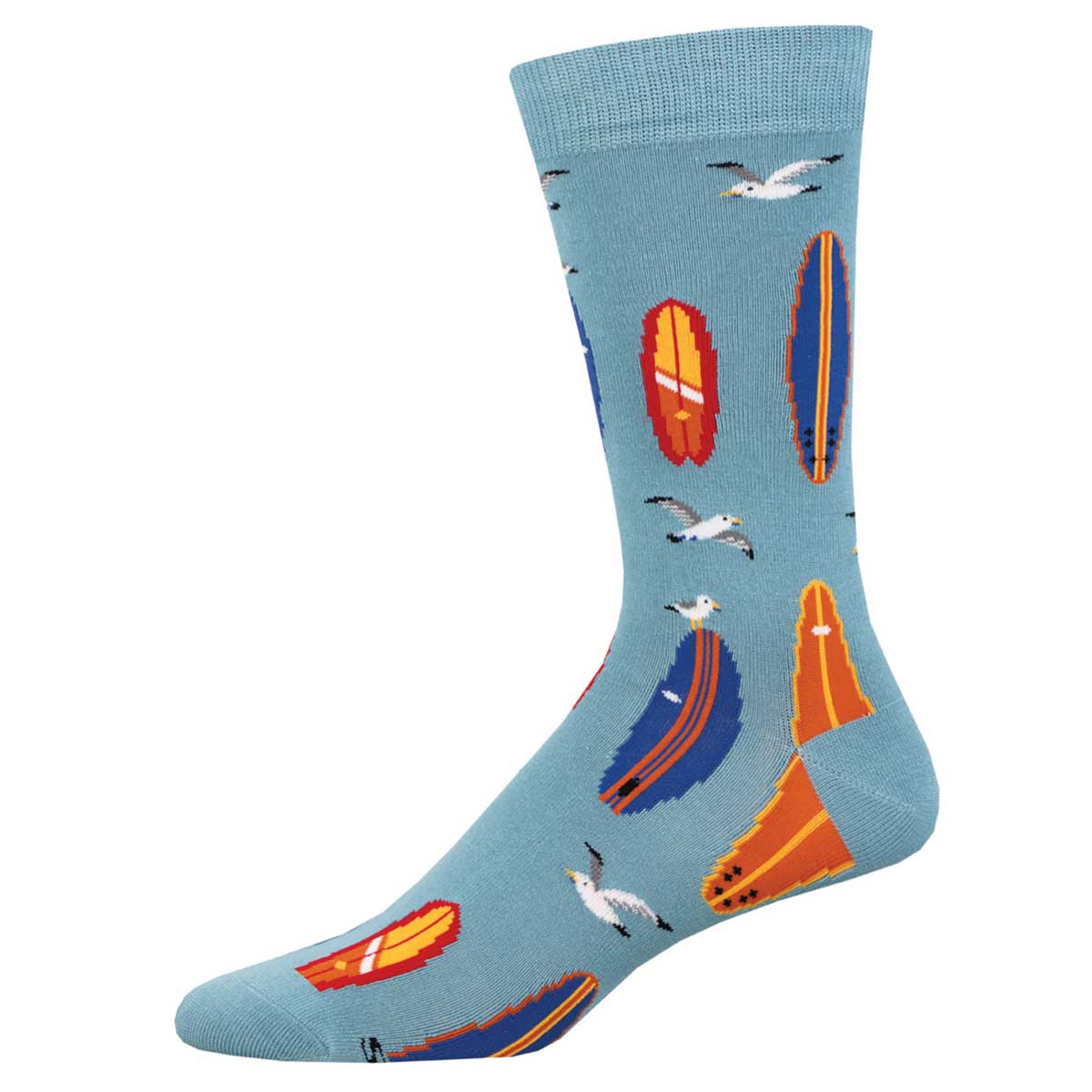 A pair of blue bamboo socks with a pattern that includes various color surfboard, soaring white seagulls, against a blue ocean background.