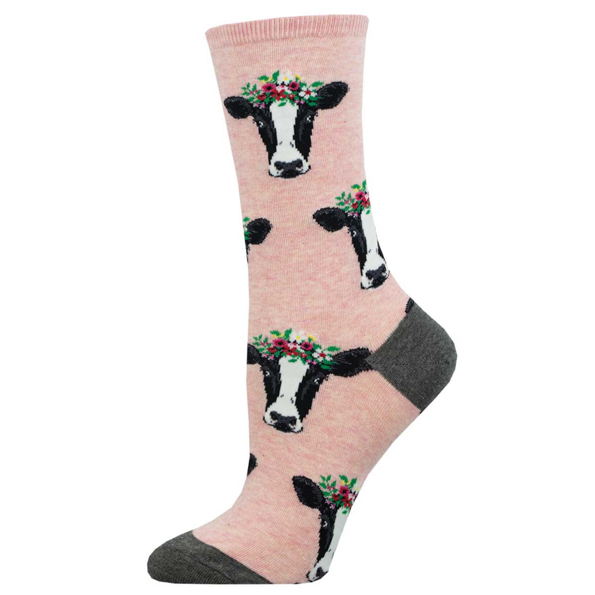 Sock with cow faces wearing flower crown design on a light pink background