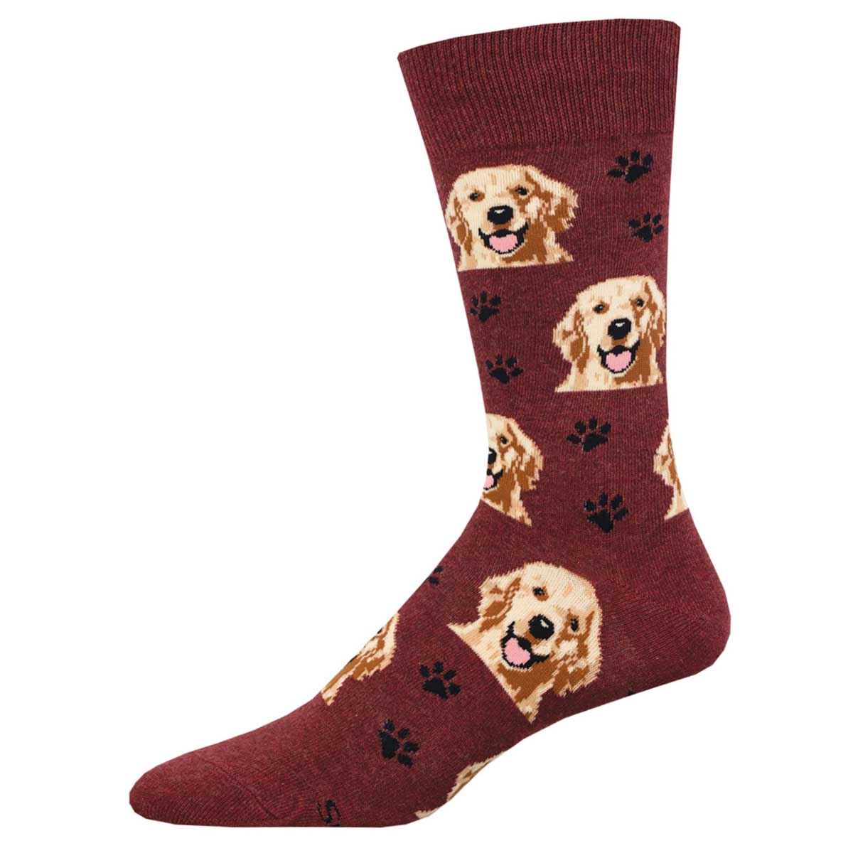 Men's sock in rust color with golden retriever and paw print design