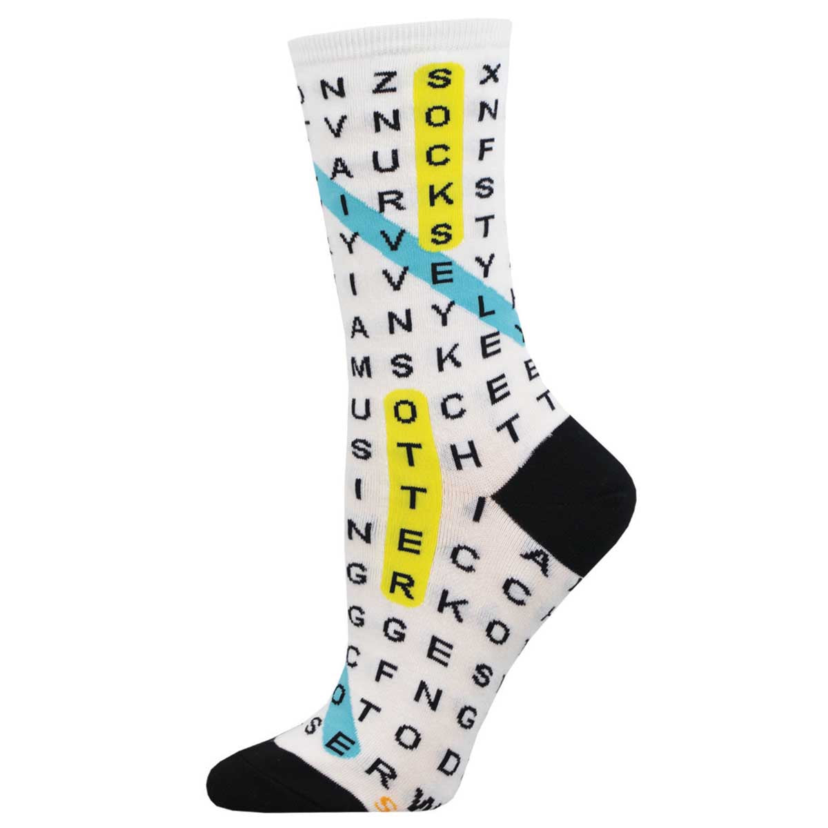 A pair of white crew socks with a word search pattern in multiple colors.