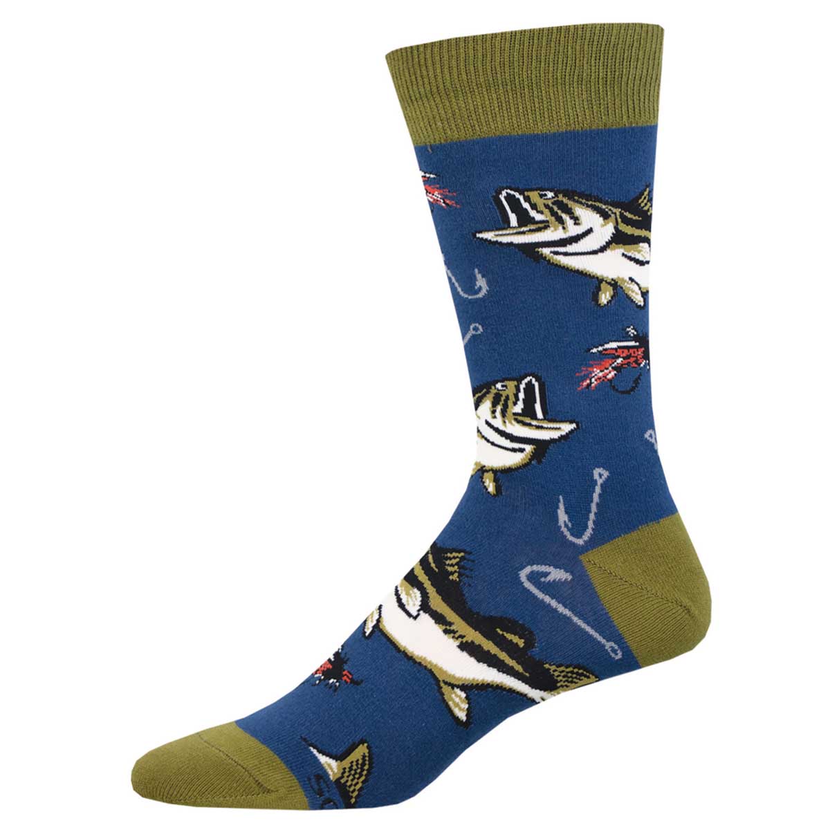 Blue sock with fish and hook design