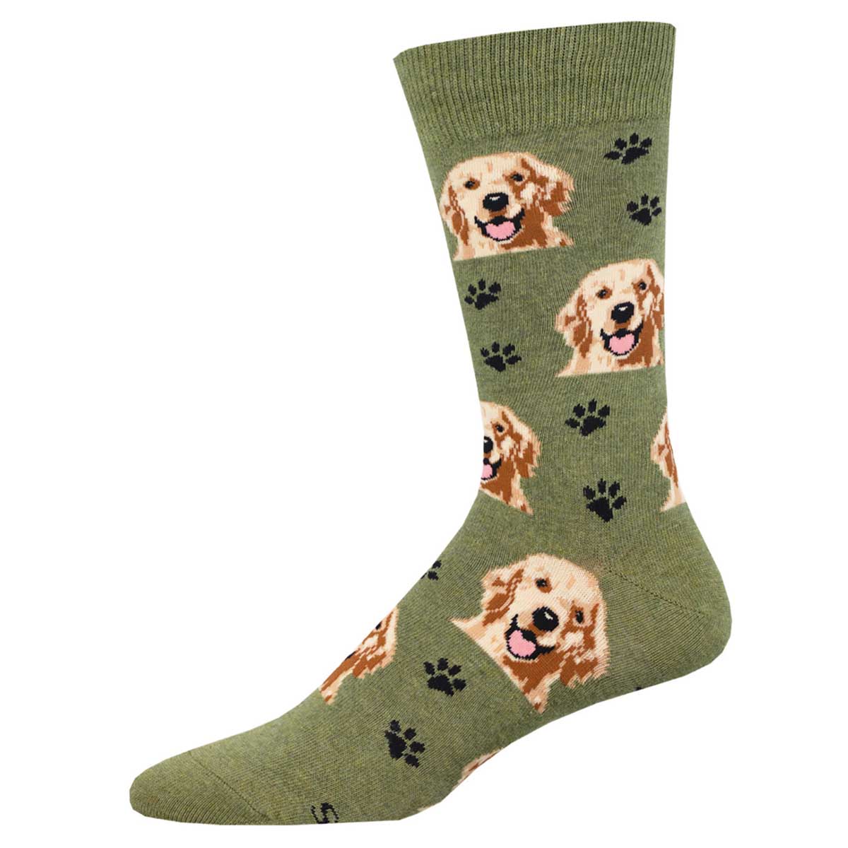 Men's sock in green color with golden retriever and paw print design