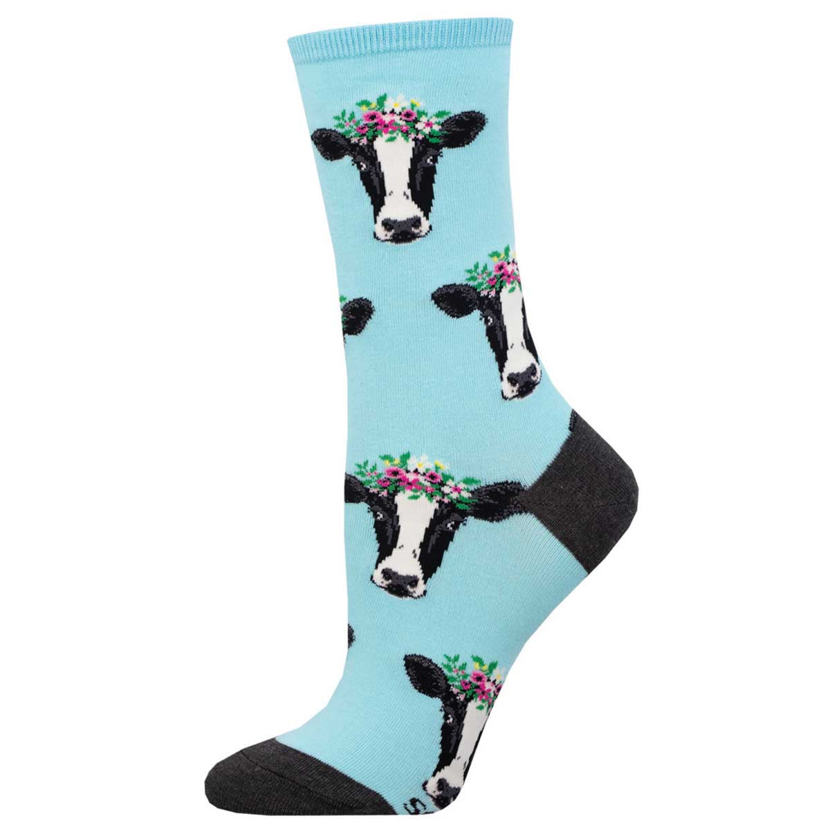 Light blue sock with cow faces wearing flower crown pattern