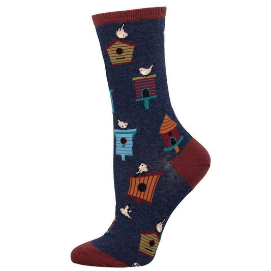 Dark blue sock with birdhouse pattern