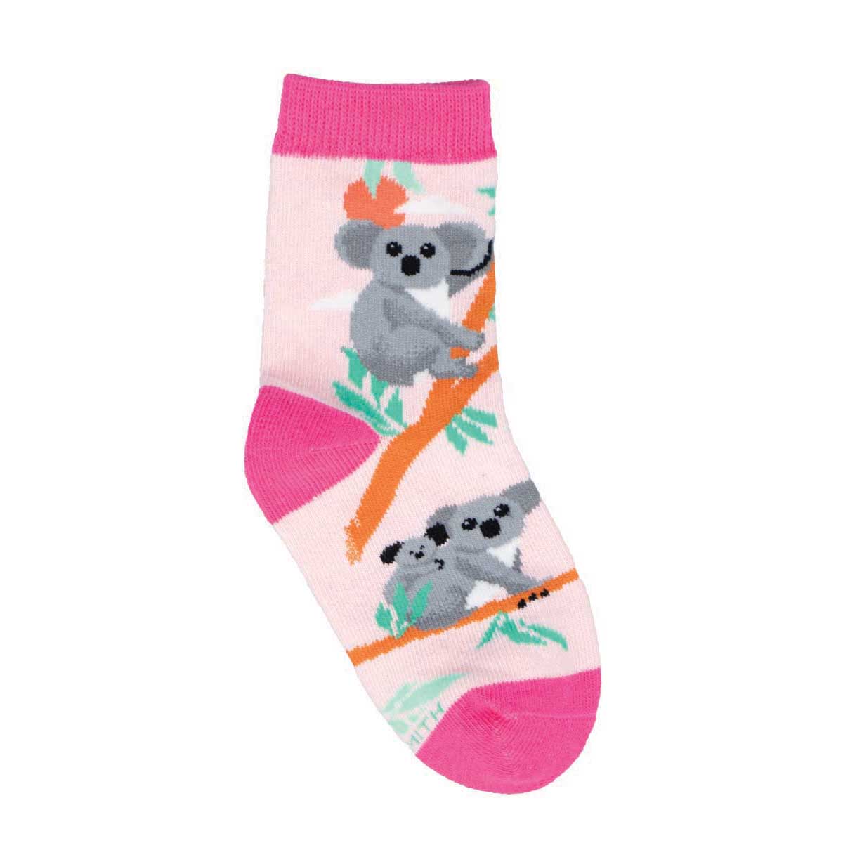 A pair of kids' socks with a pink cuff featuring illustrations of koalas on a tree branch.