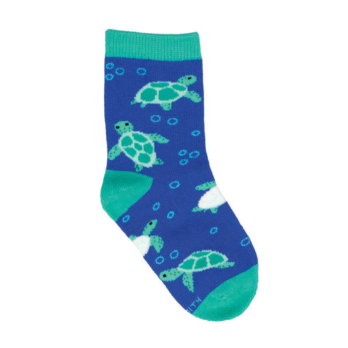 A child's sock with a blue background featuring green turtle patterns and a green cuff.