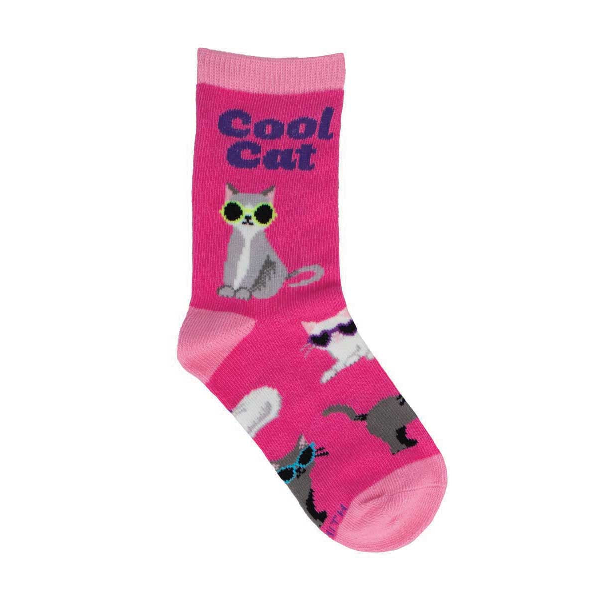 A pair of pink kids' crew socks with the text 'Cool Cat' and various cat designs.