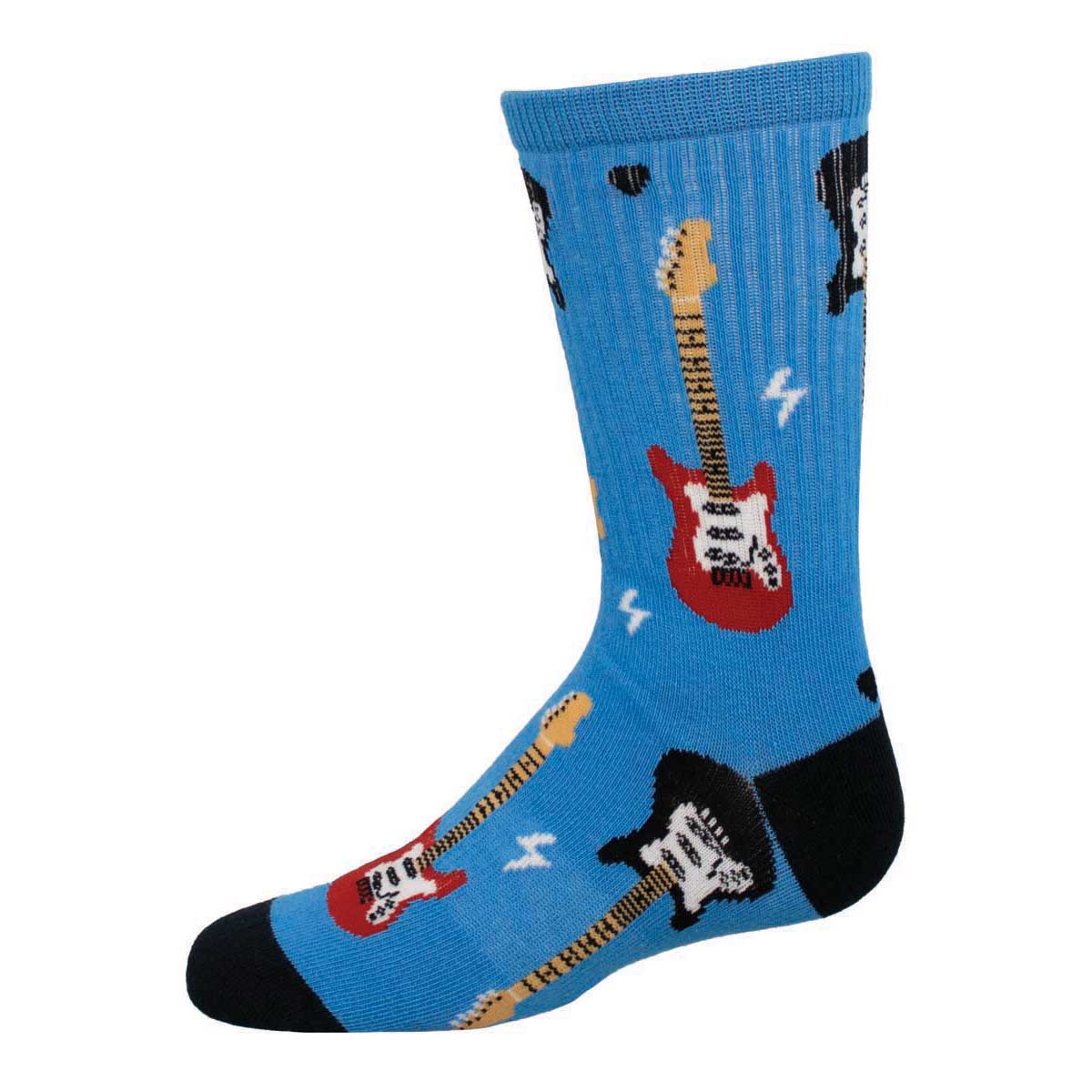A pair of blue socks with a pattern of guitars with the style name 'Guitar Shredder - Active Youth'.