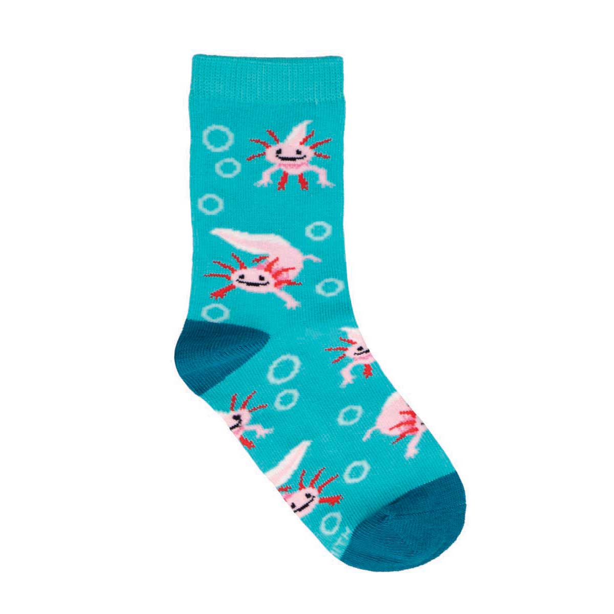A pair of colorful crew socks with axolotl designs on a teal background.