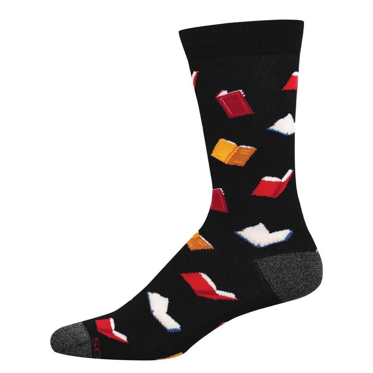 Black sock with a repeat pattern of colorful books