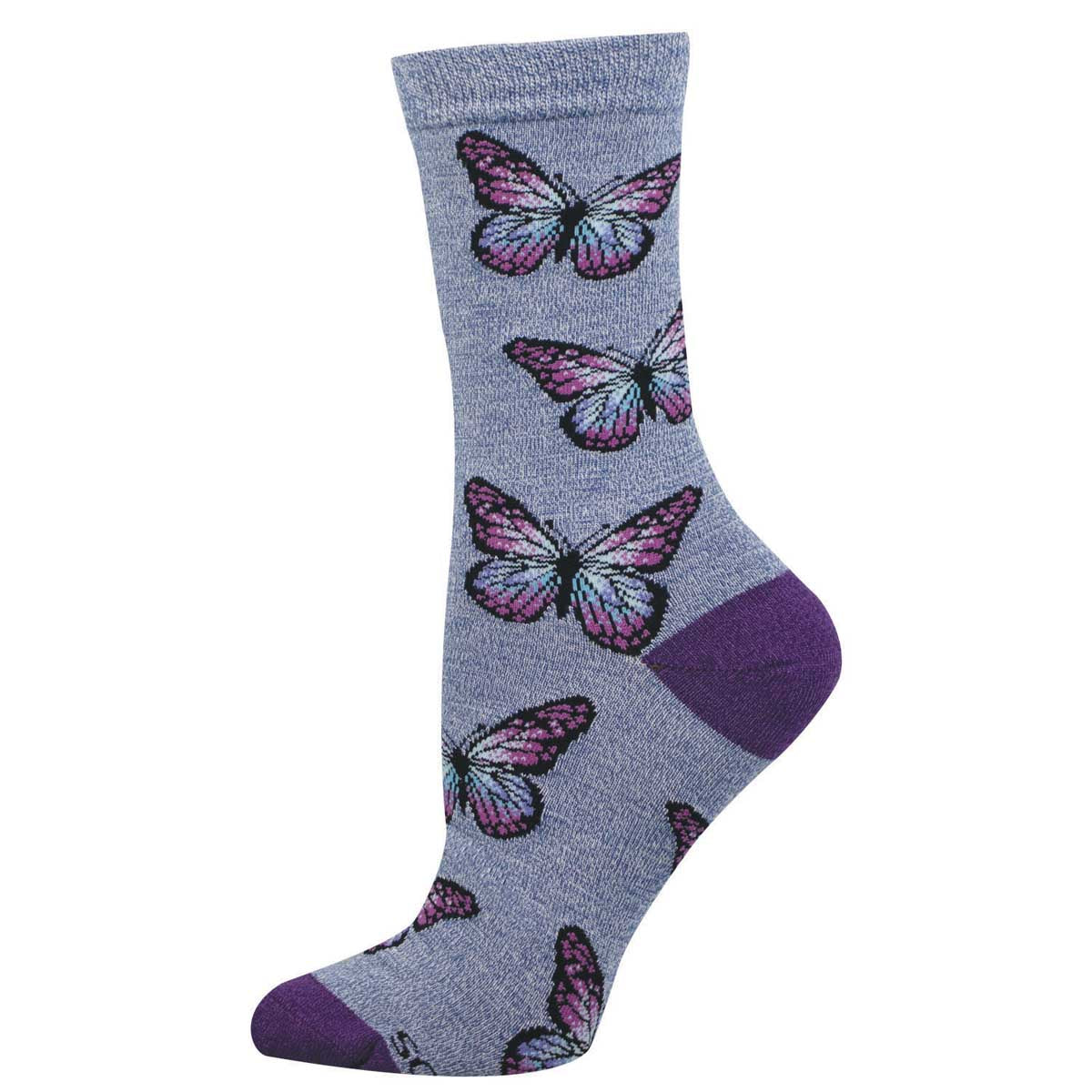 Heather blue sock with purple and blue butterfly design