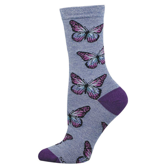 Heather blue sock with purple and blue butterfly design