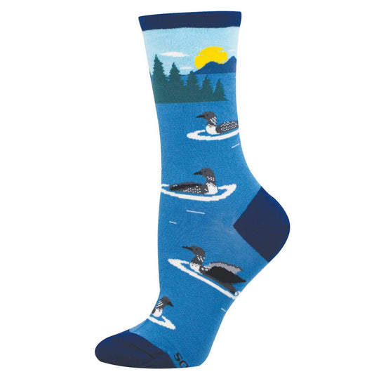Women's Cotton Crew Socks - Loon Birds on Lake Motif - Blue - Socksmith