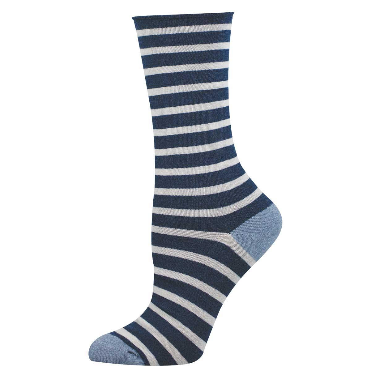 Women's SAILOR STRIPE ROLL TOP sock in NAVY HEATHER color