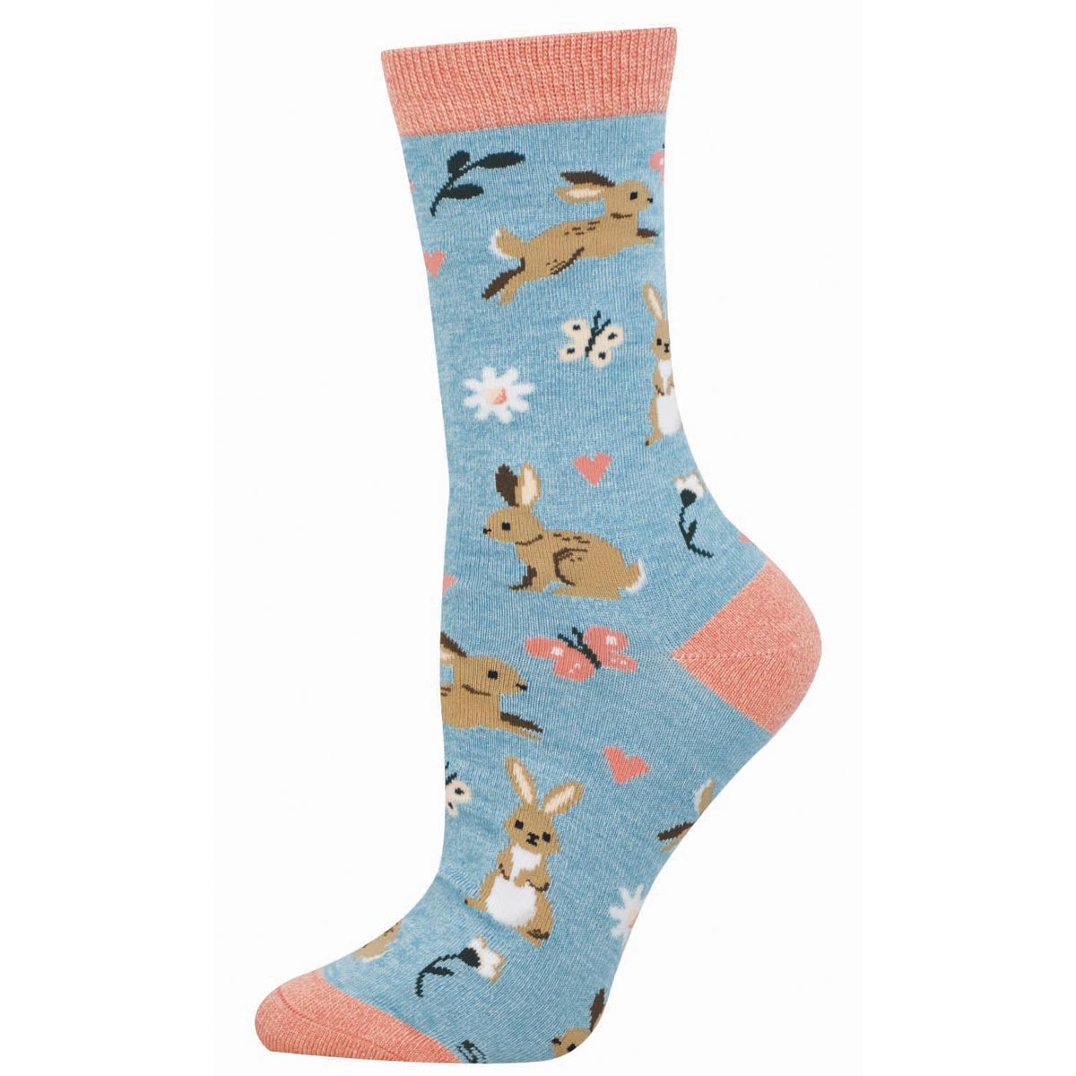 Sock with rabbit and flower pattern on a blue background