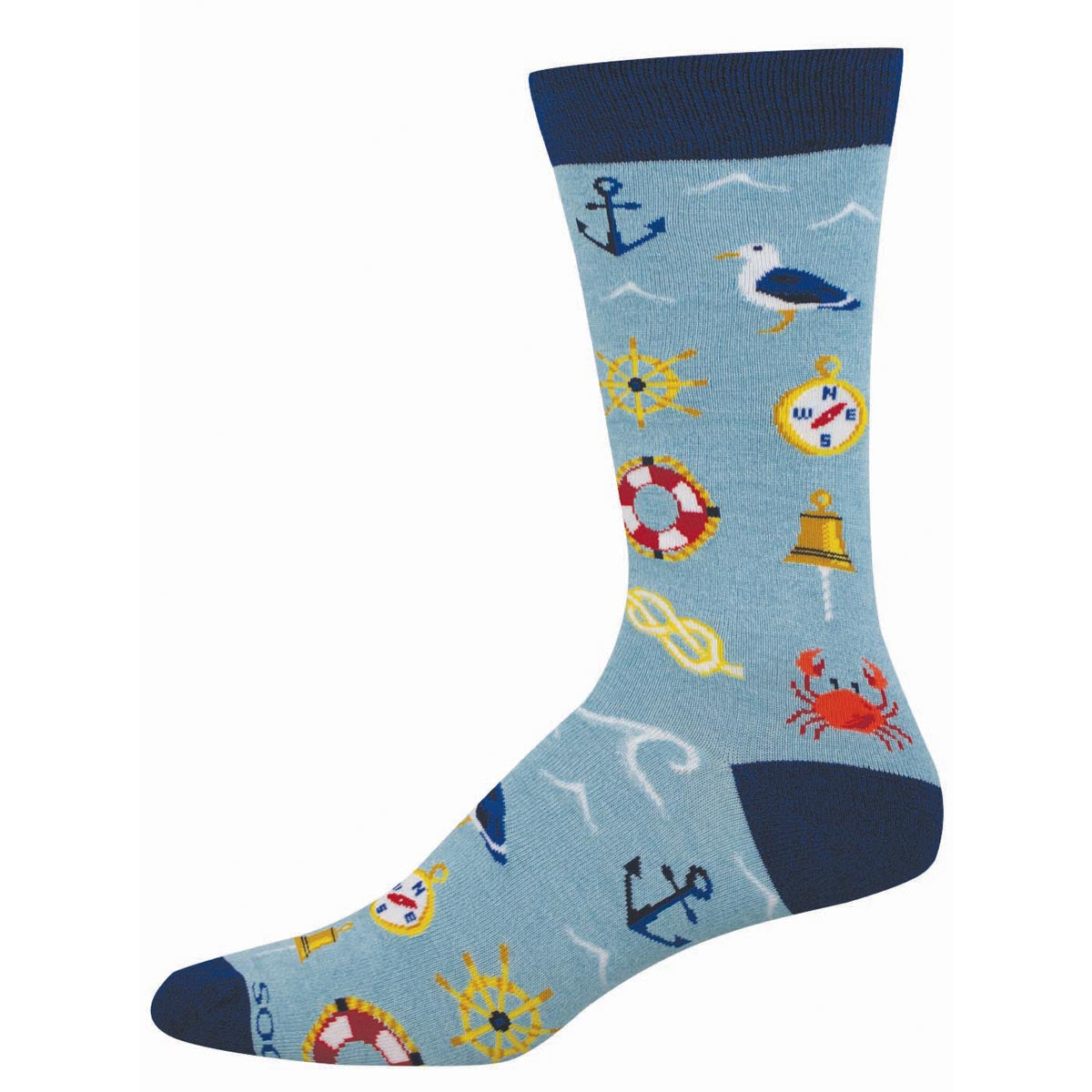 Nautical-themed sock with various sea-related symbols on a light blue background