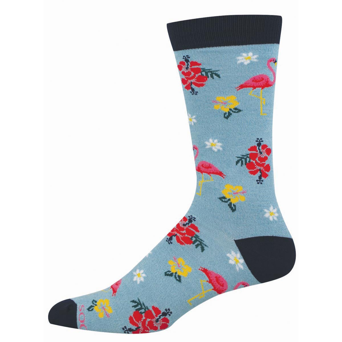 Light blue sock with flamingo and flower pattern