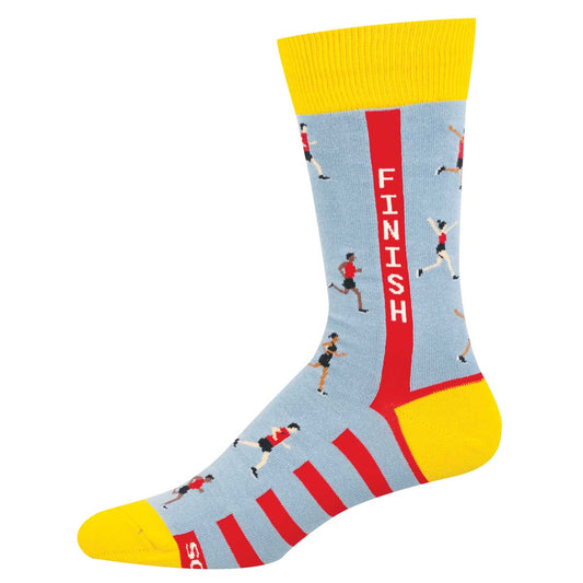 Colorful sock with runners and 'FINISH' text running down the side like the finish line of a race