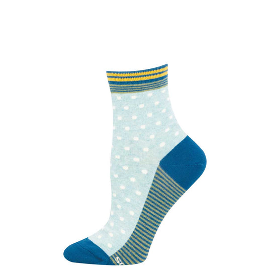 Light blue sock with white polka dots and blue and yellow striped cuff