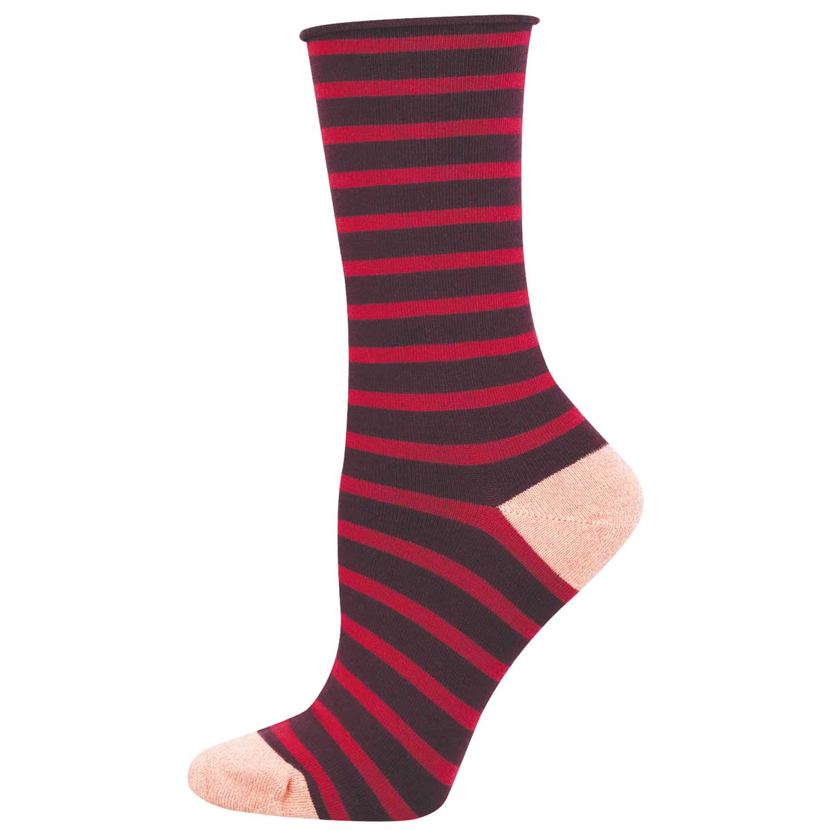 Women's SAILOR STRIPE ROLL TOP sock in RED color