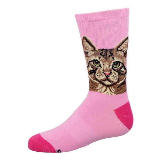 A pink athletic youth sock with a printed image of a cat's face, featuring pink toe areas.