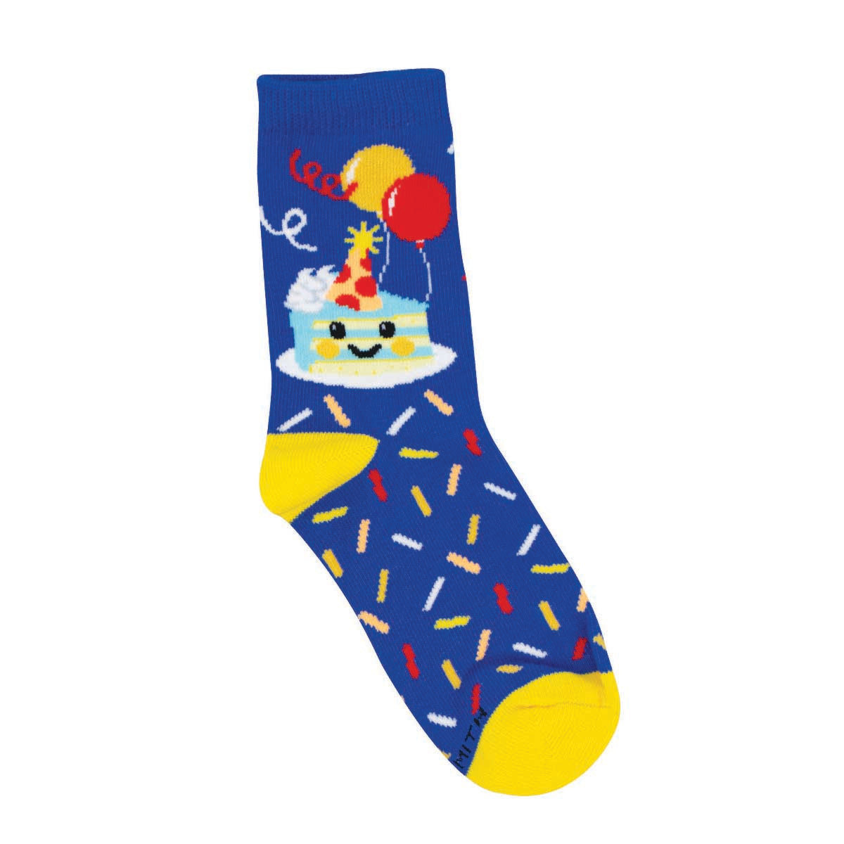 A pair of blue cotton crew socks with a novelty design of a smiling birthday cake with sprinkles and a party hat, intended for kids.