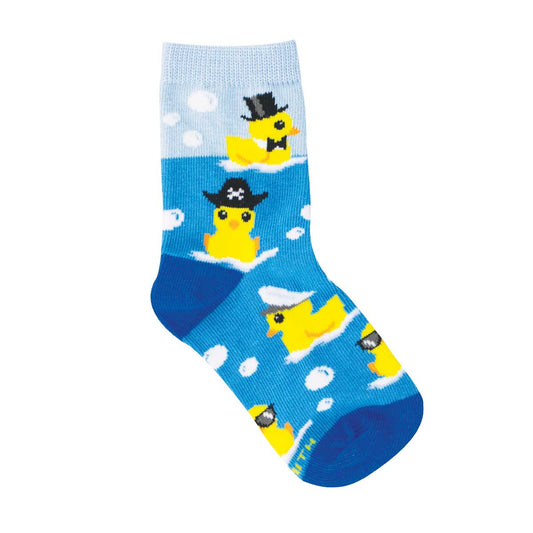 Blue sock with yellow rubber duck illustrations