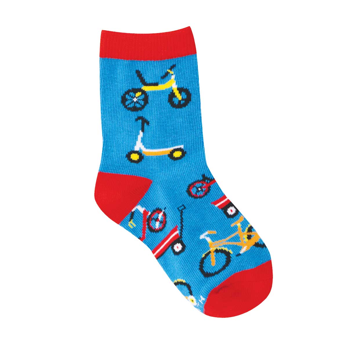 2-4yo Blue sock with red accents and bicycle pattern