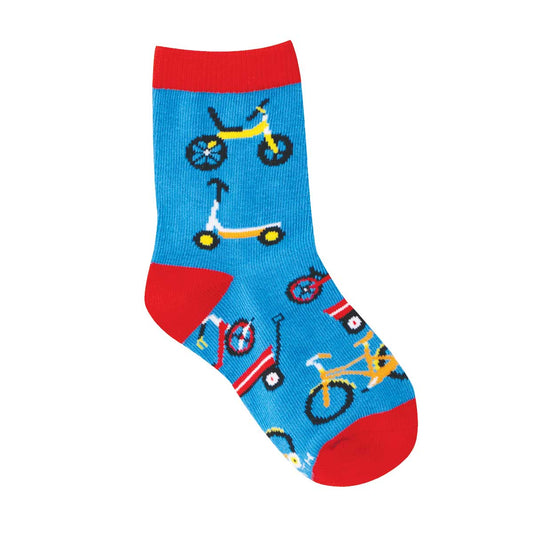 2-4yo Blue sock with red accents and bicycle pattern