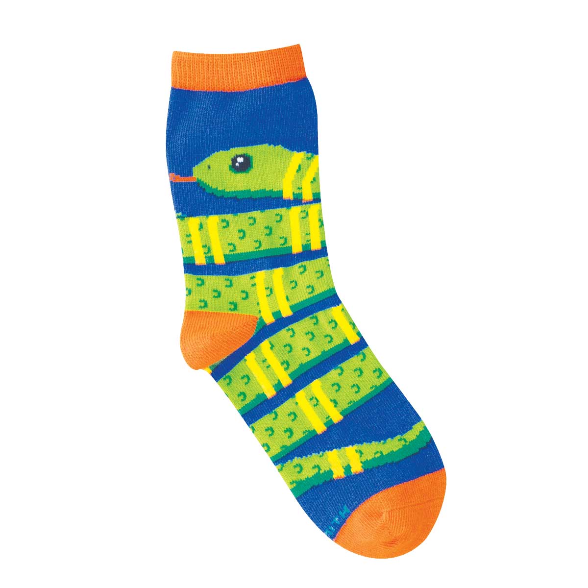 4-7yo Colorful sock with a green snake design on a blue background