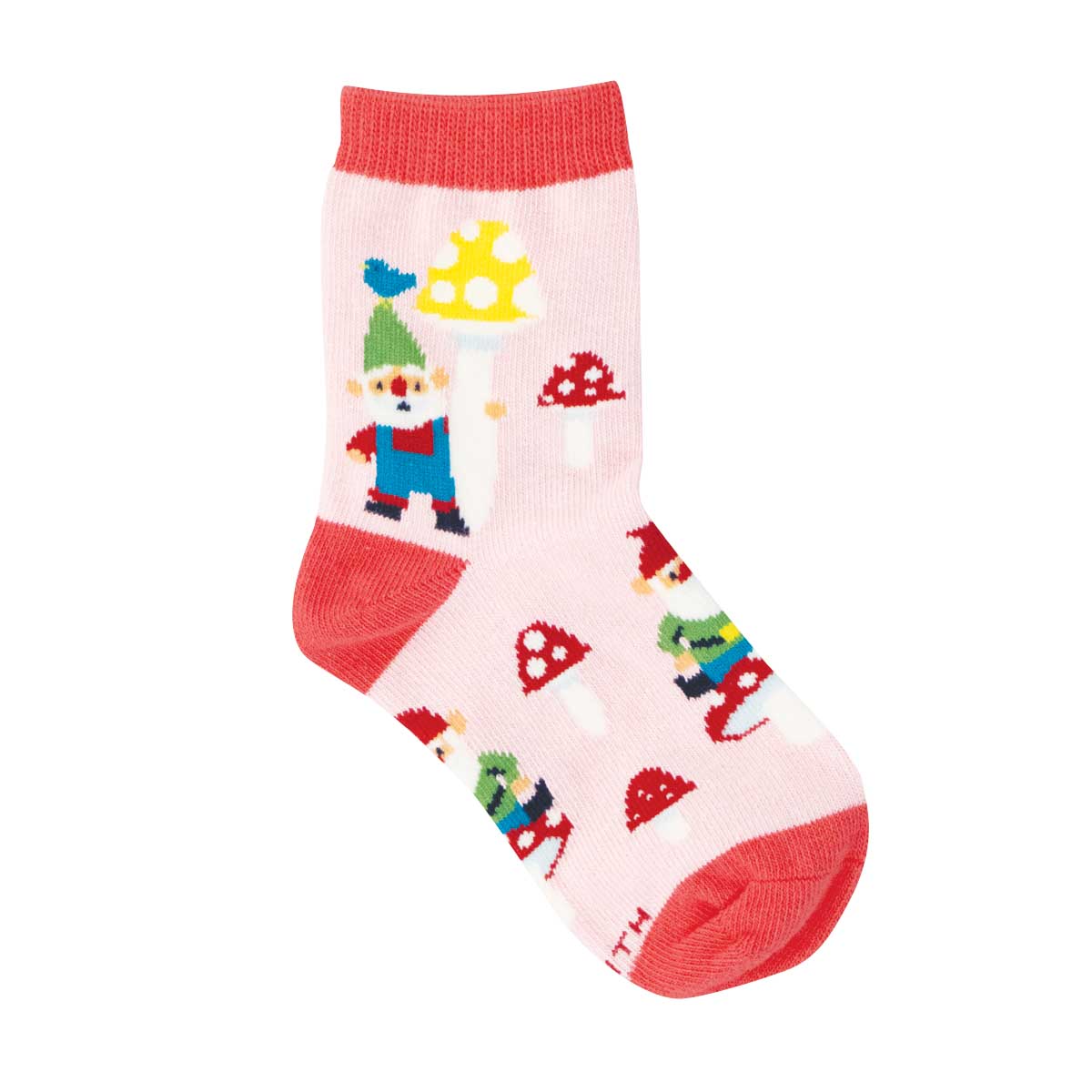 2-4yo Colorful children's sock with gnomes, mushrooms, and snails on a pink background