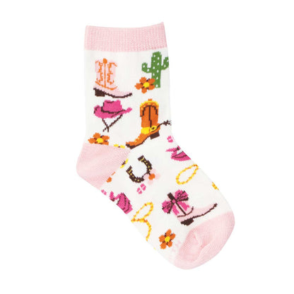 2-4yo children's sock with a pink cowboy-themed design on a white background