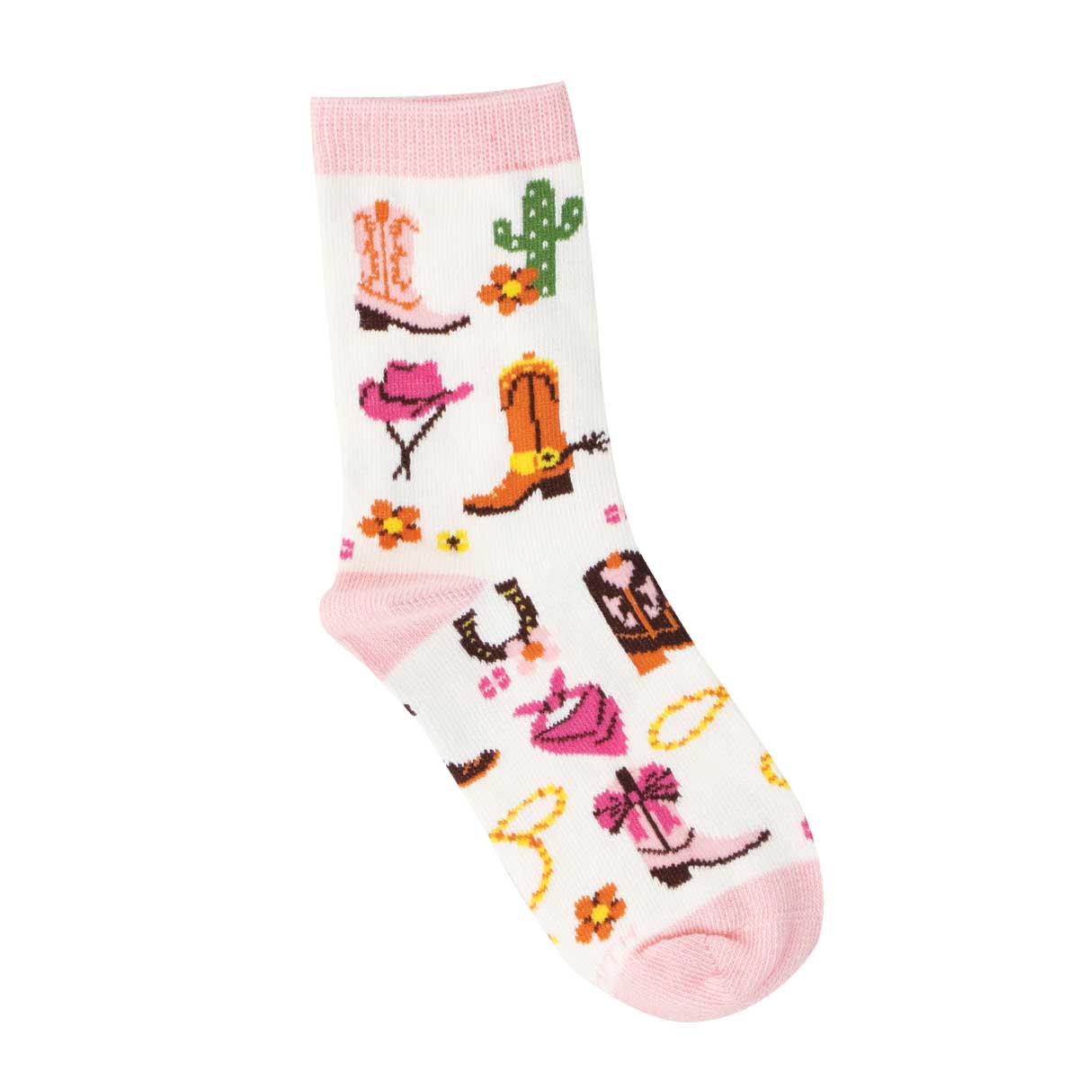 4-7yo Childrens' colorful sock with pink cowboy-themed design on a white background