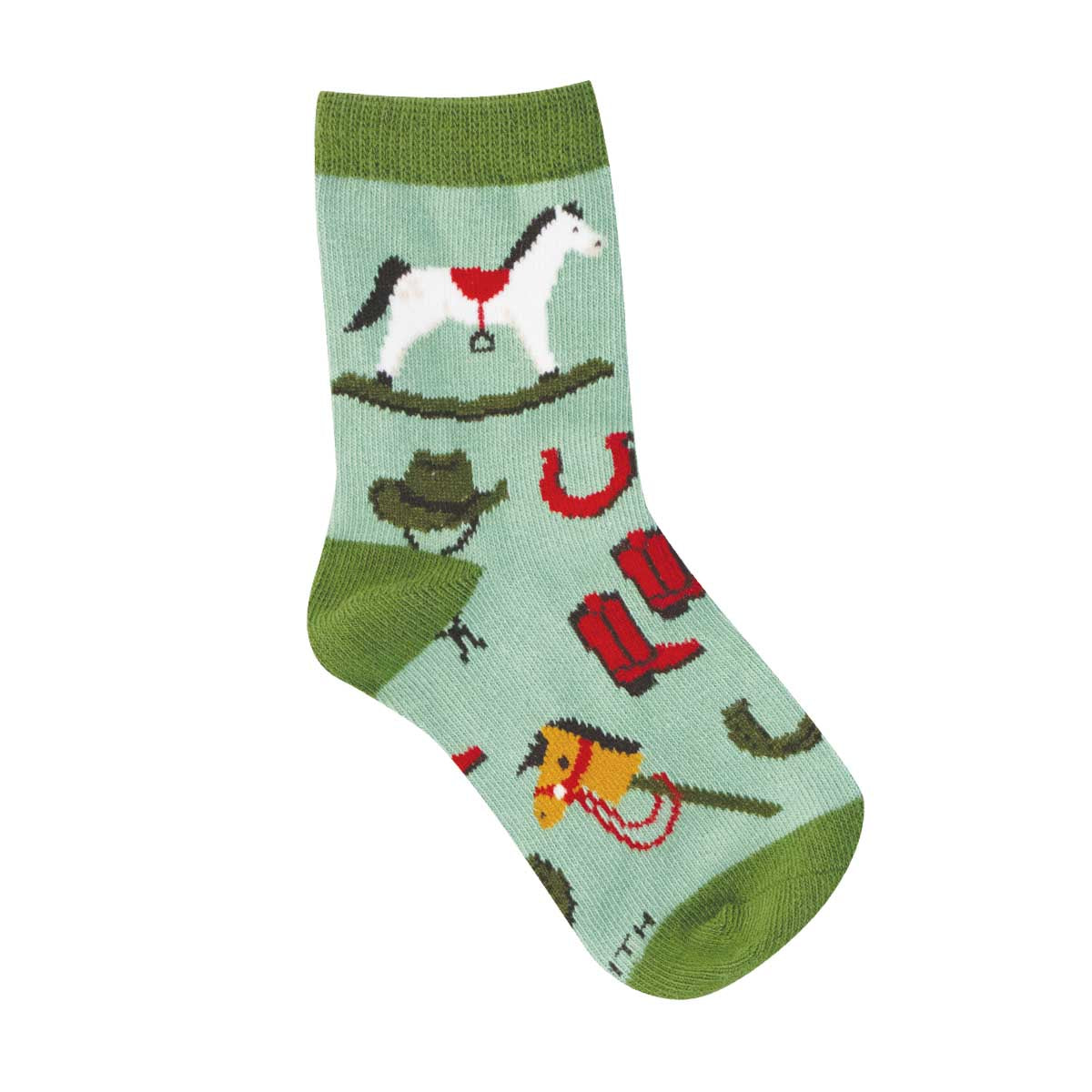 Children's sock with horse and cowboy boot pattern on a light green background