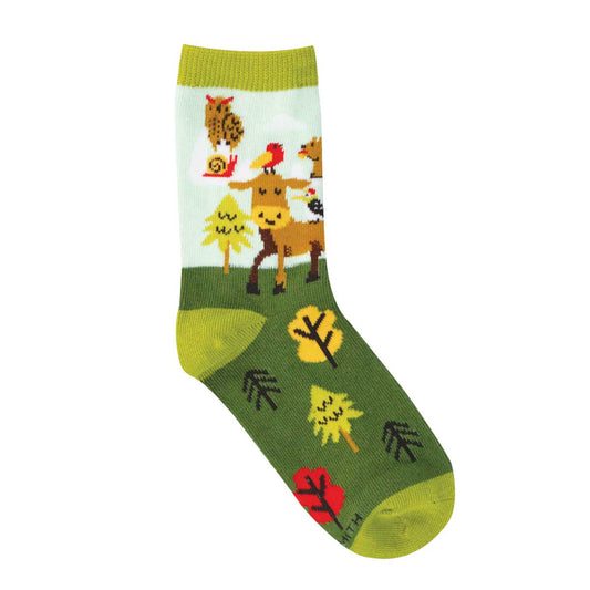 Green sock with forest-animal pattern