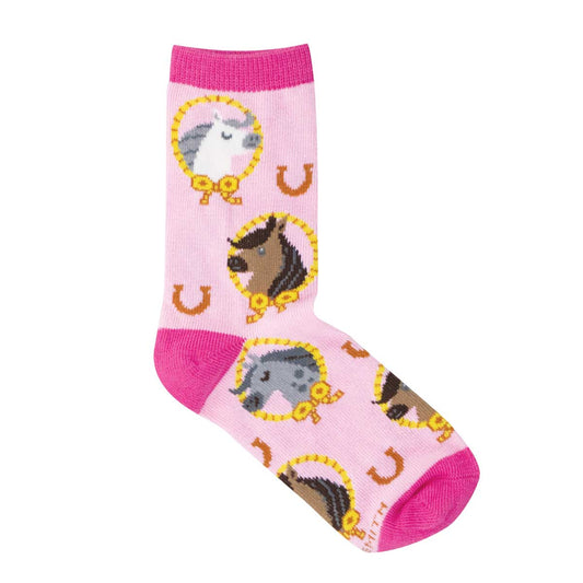 Pink sock with horse head illustrations with lassos and horseshoes