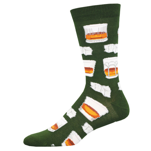 A green sock with a pattern of whiskey glasses and ice cubes.