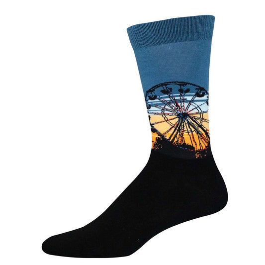 A pair of crew socks with a graphic design of a ferris wheel at sunset.
