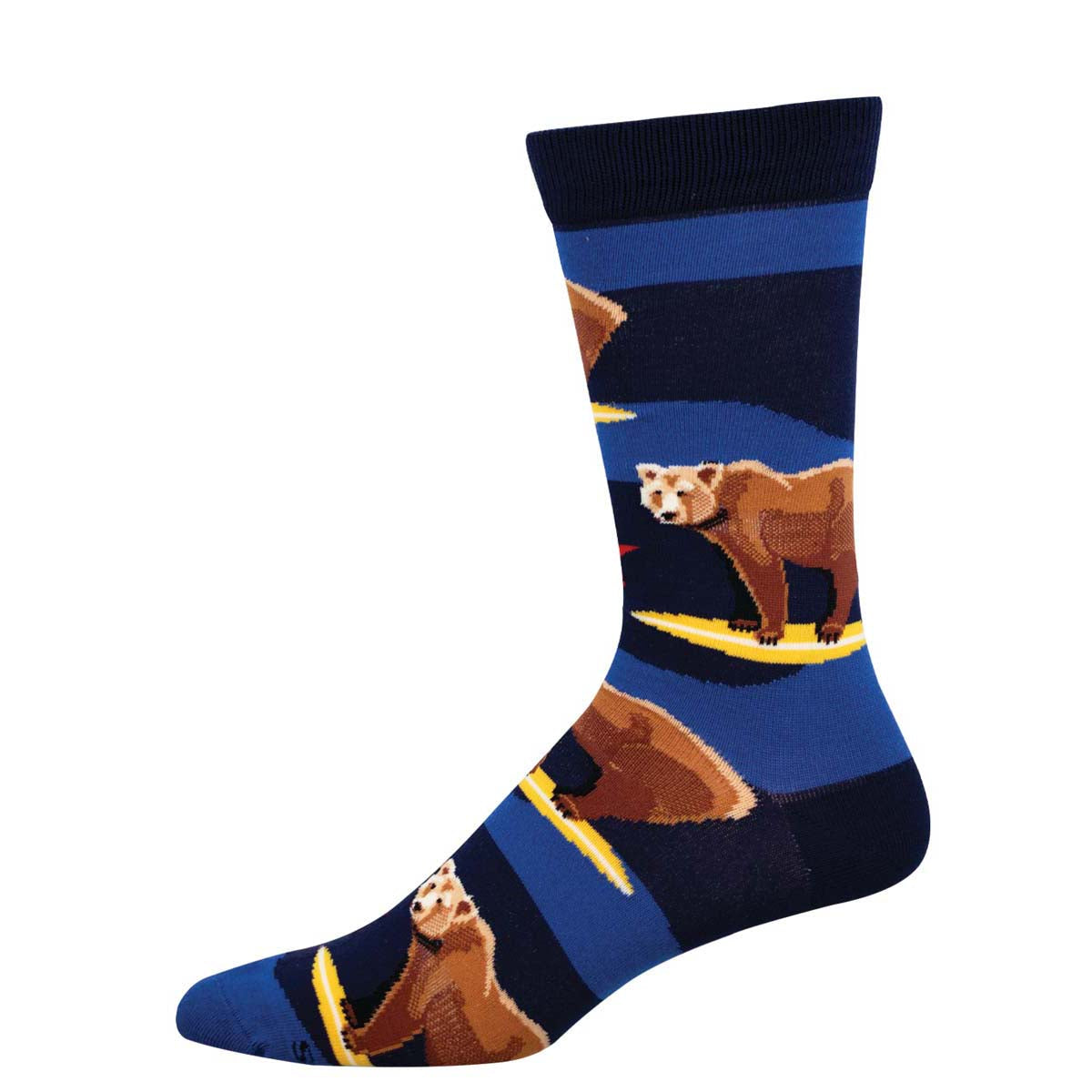 A colorful sock with a pattern that includes a bear on a surfboard, predominantly blue and navy.
