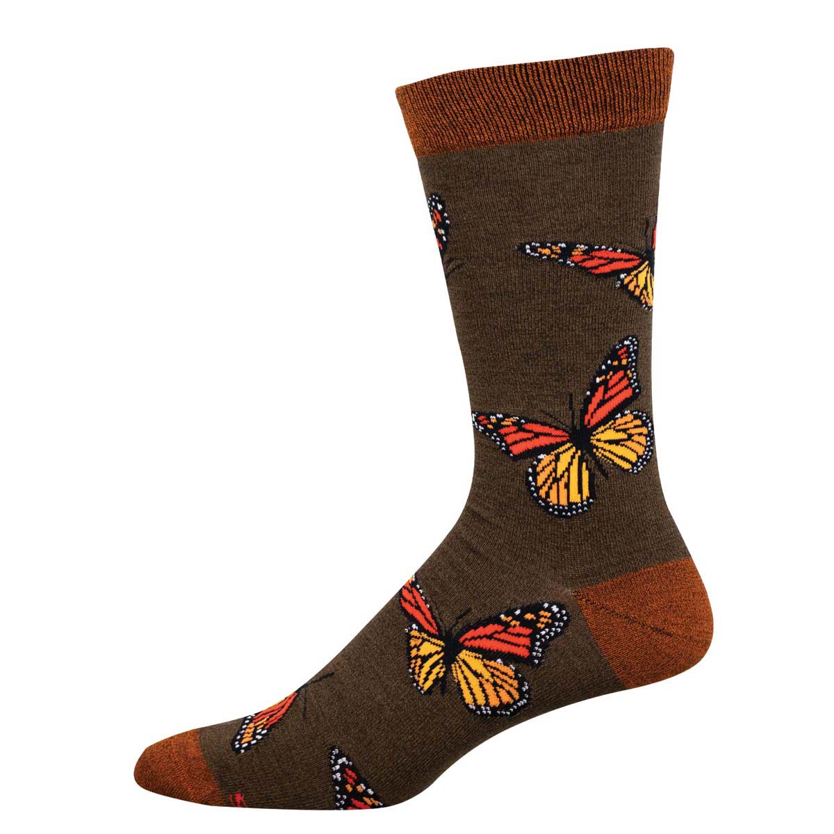 A brown crew sock with a pattern featuring monarch butterflies.