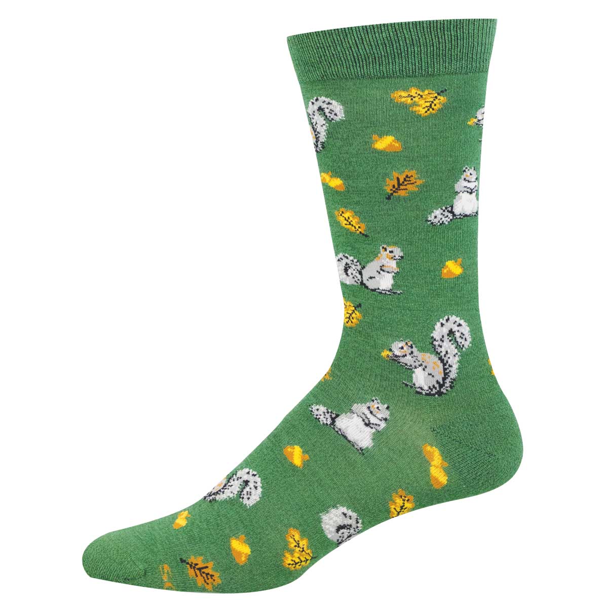 green sock with grey squirrel pattern with yellow leaves and acorns