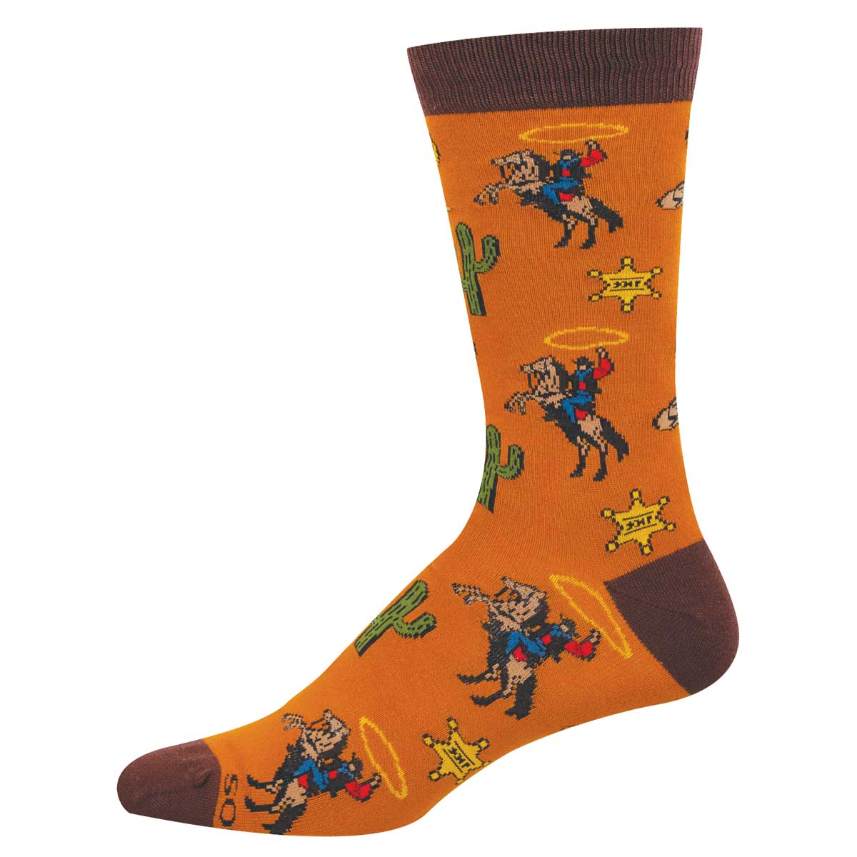 Burnt orange sock with western design featuring cowboy on horses with lassos, cactuses, and star-shaped badges
