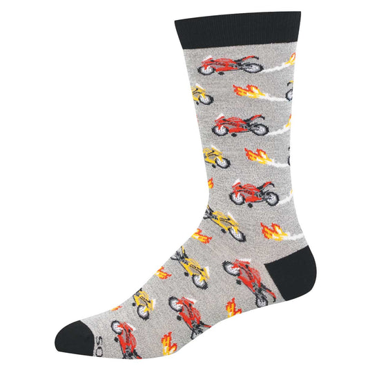 Gray sock with red and yellow motorcycle pattern