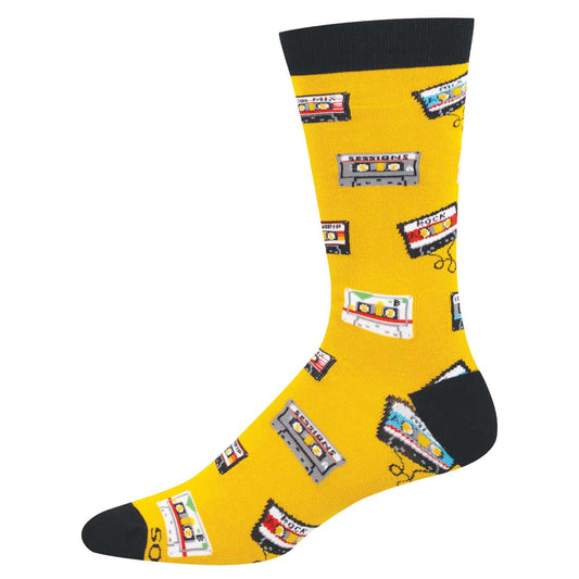 Yellow sock with cassette tape pattern