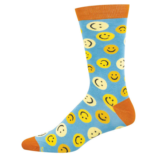 light blue sock with classic yellow smiley faces in different shades of yellow, with orange cuff