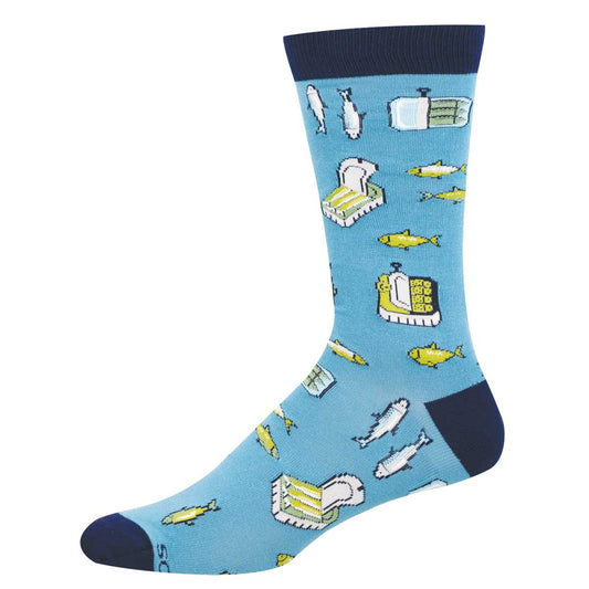 light blue sock with a sardine and tinned-fish pattern