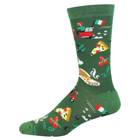 green sock with pizza delivery themed pattern, including a vespa with pizza boxes and italian flags, olive branches, tomatoes, basil, and garlic