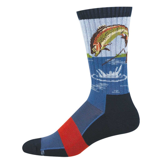 Fishing-themed sock with a fish and reel design