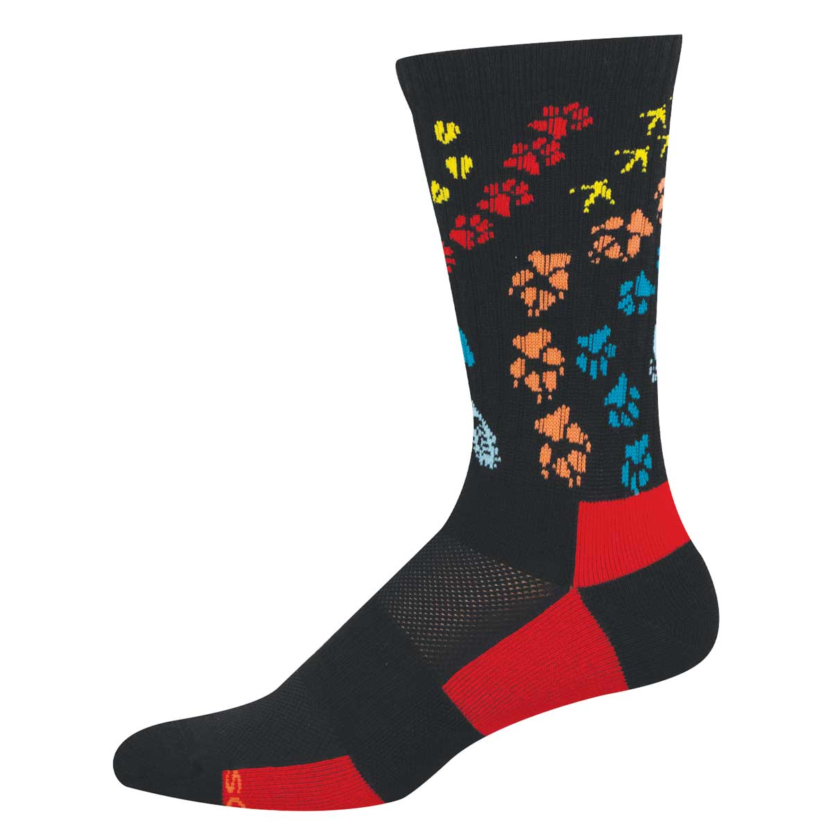 Black sock with colorful paw prints