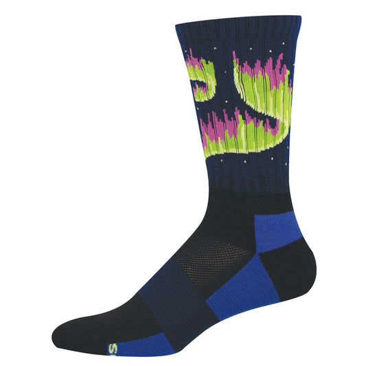 Colorful sock with the aurora borealis in the night sky with tree silhouettes 